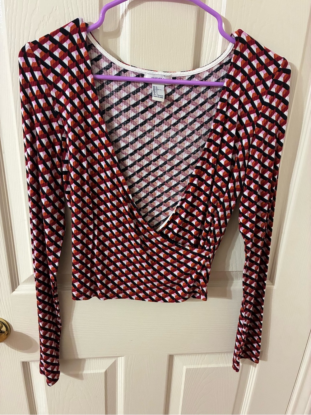 Forever 21 Red, Black and White Geometric Wrap Crop Top